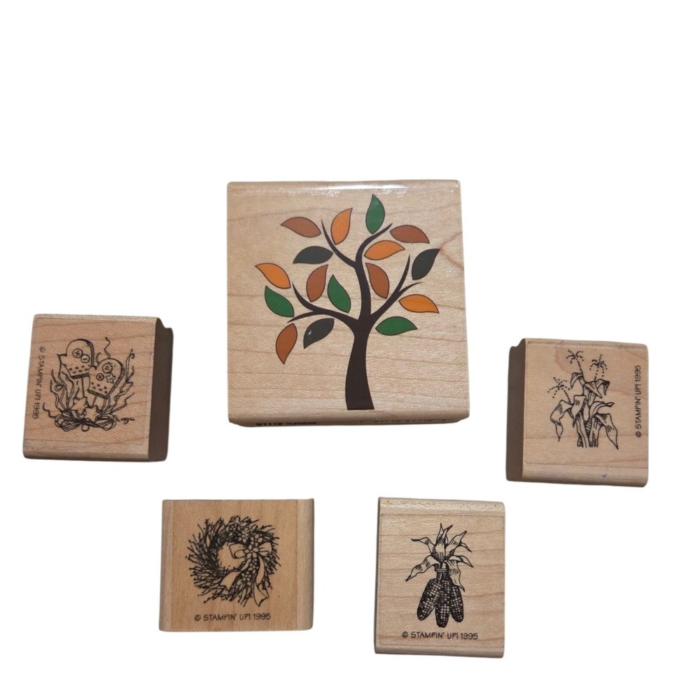 Vintage 1995 Stampin Up Rubber Stamp Set Autumn Tree Wreath Cornstalk Gloves 5pc